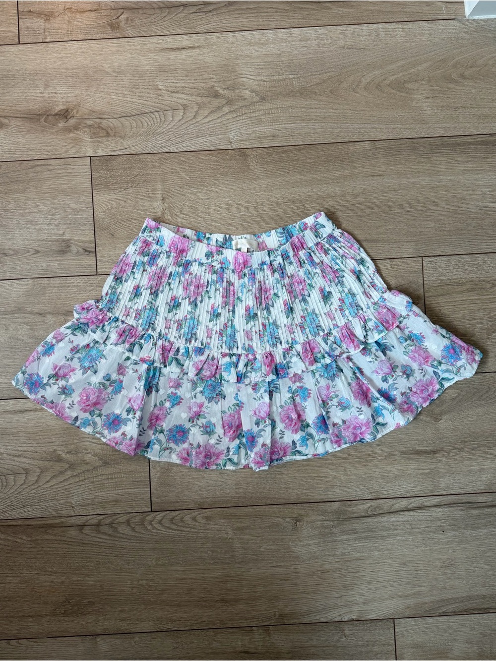 LoveShackFancy White Mini Skirt with Pink & Blue Floral Print